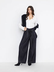 Denim Low Rise Pleated Wide Leg Jeans With Rope Belt