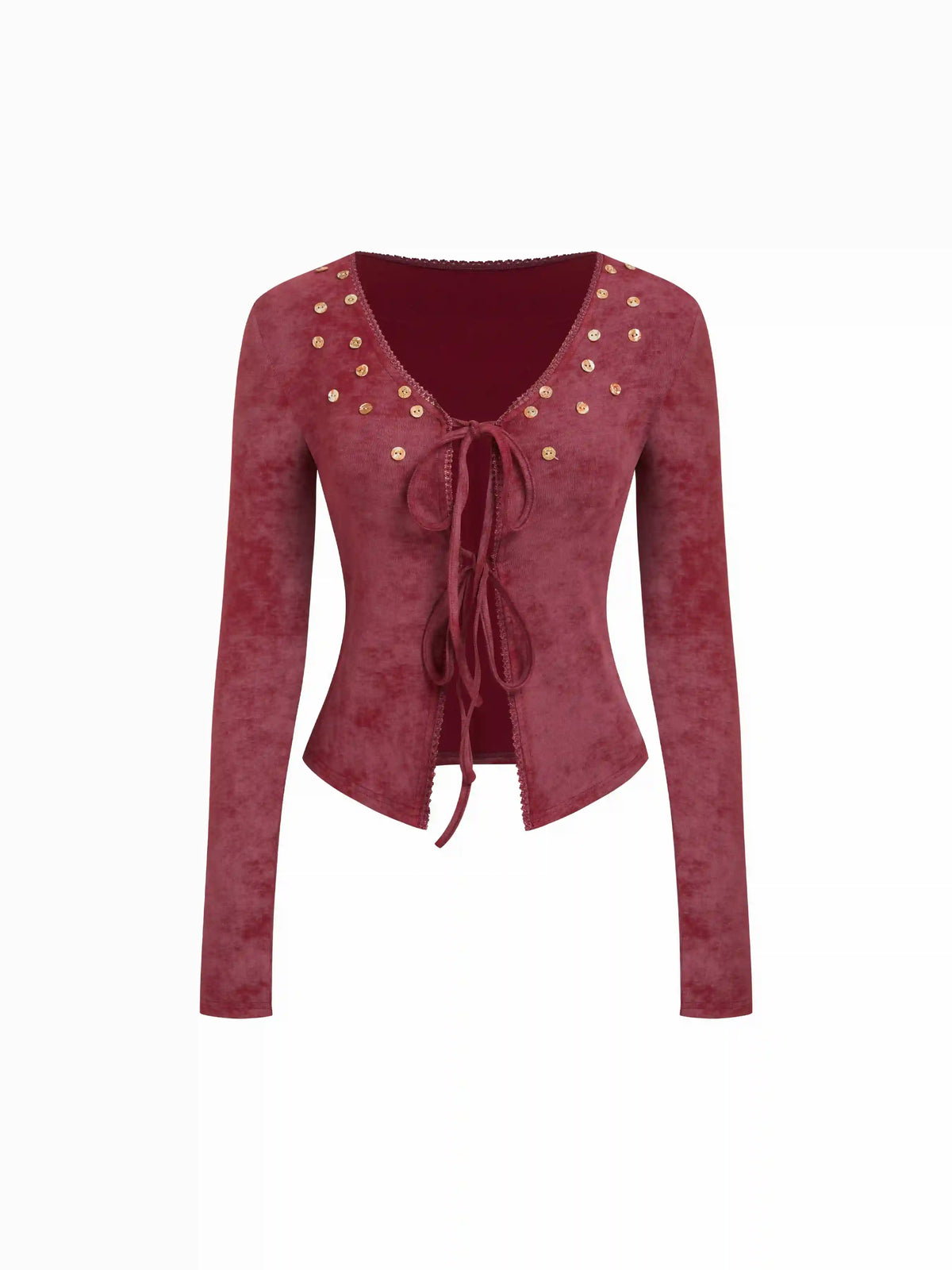 Velvet V-neck Long Sleeve Lace Up Top