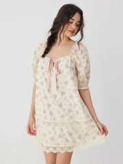 Cotton Square Neck Floral Puff Sleeve Bowknot Babydoll Mini Dress