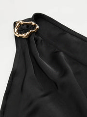 Satin Asymmetrical Neck Metal Detail Ruffled Maxi Dress