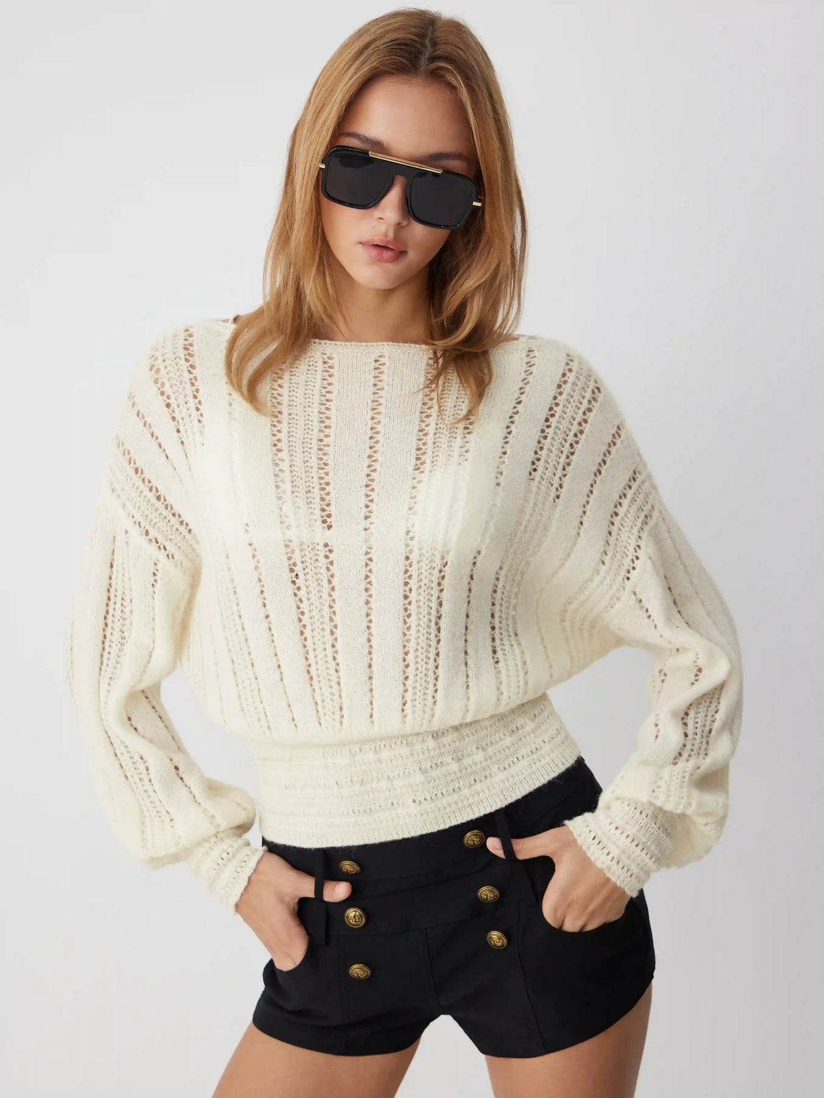 Knit Fabric Boat Neck Crochet Shirred Long Sleeve Top