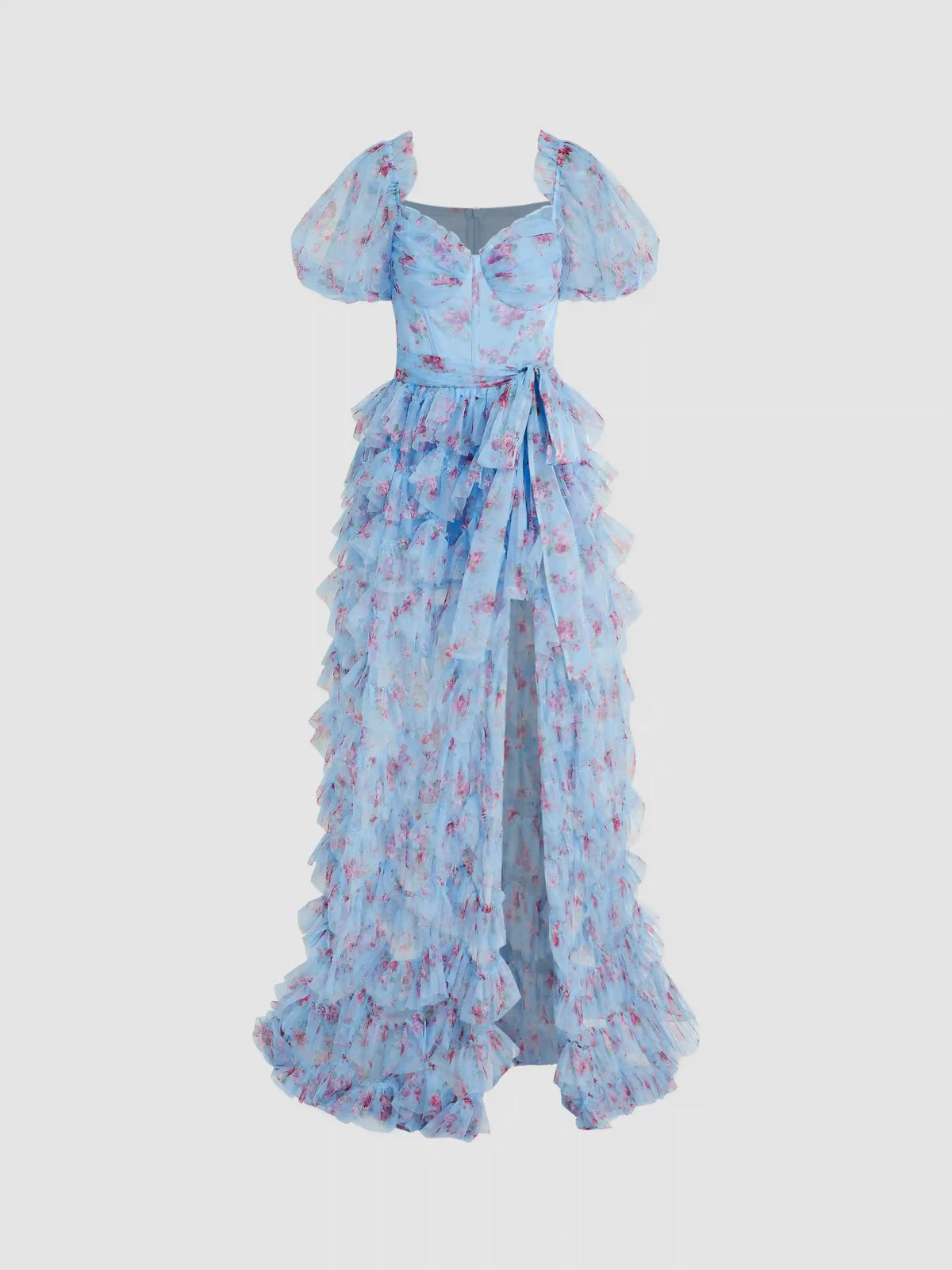 Mesh Sweetheart Floral Corset Detachable Layered Maxi Dress