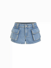 Denim Low Rise Washed Metal Detail Cargo Shorts