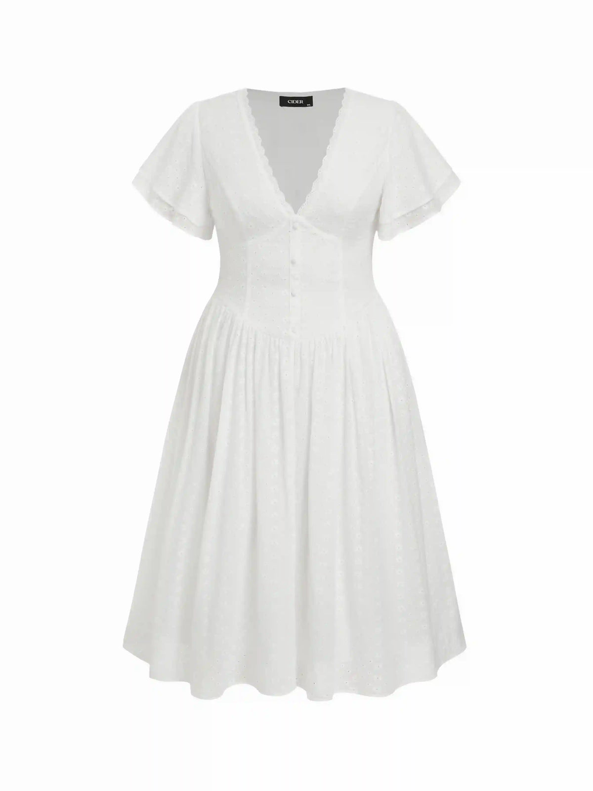 Cotton Floral Embroidery V-neck Ruffle Sleeve A-line Maxi Dress Curve & Plus