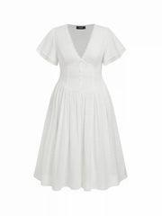 Cotton Floral Embroidery V-neck Ruffle Sleeve A-line Maxi Dress Curve & Plus