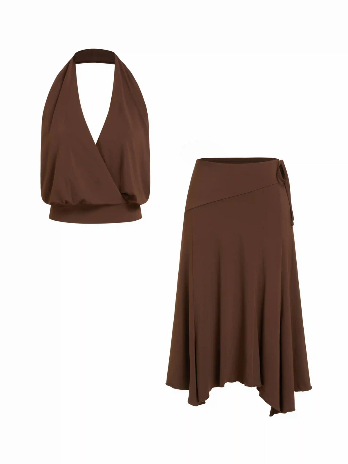 Halter Neckline Top & Low Rise Asymmetrical Hem Flared Midi Skirt Set
