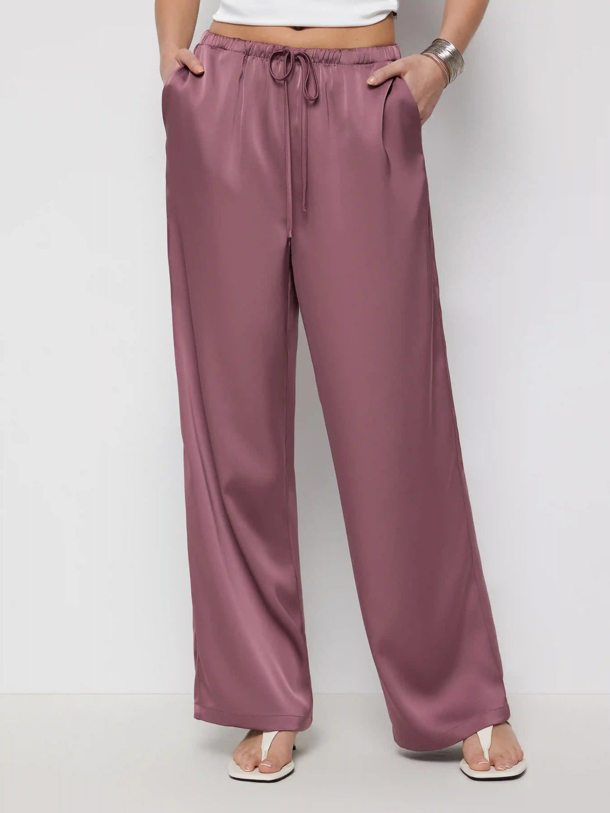 Satin Drawstring Mid Rise Wide Leg Trousers