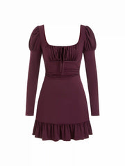 Square Neck Puff Sleeve Ruched Ruffle Hem Mini Dress