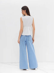 Cotton-blend V-neck Lace Trim Ruffle Hem Knotted Tank Top