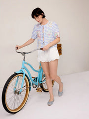 Linen-blend Gingham Fruit Graphic Tie Front Puff Sleeve Oversized Blouse