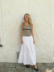 Gingham Square Neck Contrasting Lace Blouse