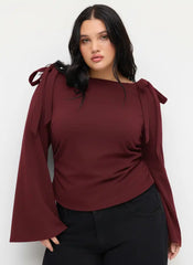 Boat Neck Bowknot Ruched Long Sleeve Top Curve & Plus