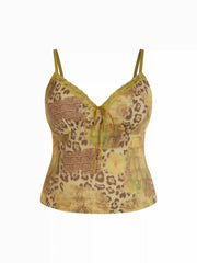 Mesh V-neck Leopard Lace Trim Cami Top Curve & Plus