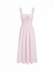 Cotton-blend Ruched Ruffle Sleeve Shirred Milkmaid Maxi Dress
