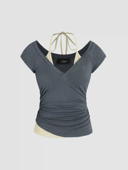 Halter Neckline Patchy Short Sleeve Top