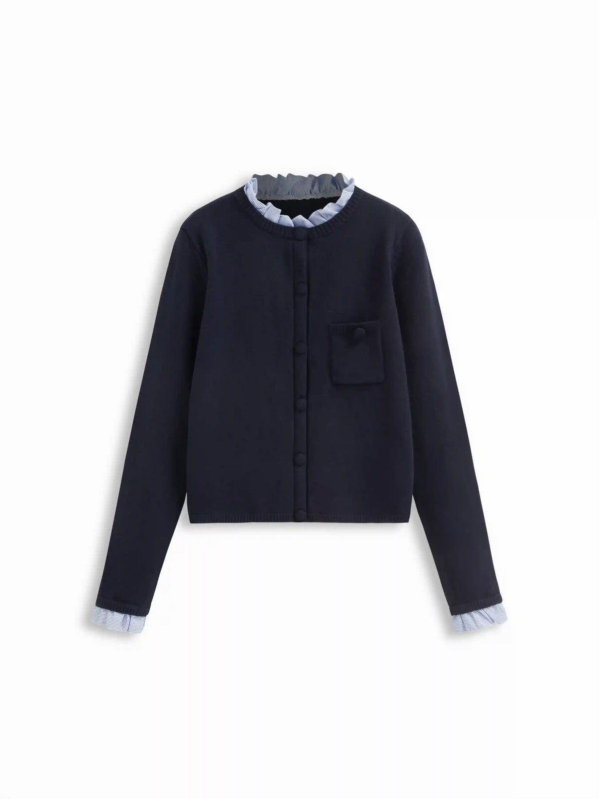Knit Plaid Round Neck Long Sleeve Ruffle Trim Button Cardigan