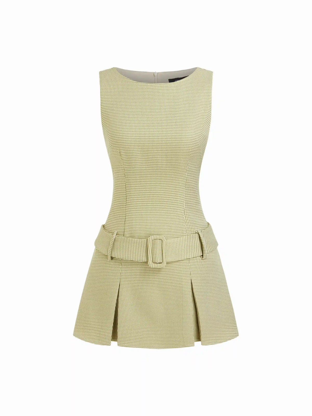 Boat Neck Houndstooth Mini Dress With Belt