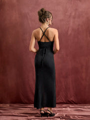 Cowl Neck Ruched Tie Back Split Mermaid Maxi Dress