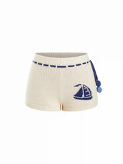 Knit Mid Rise Sailboat Graphic Embroidery Pom Pom Detail Micro Shorts