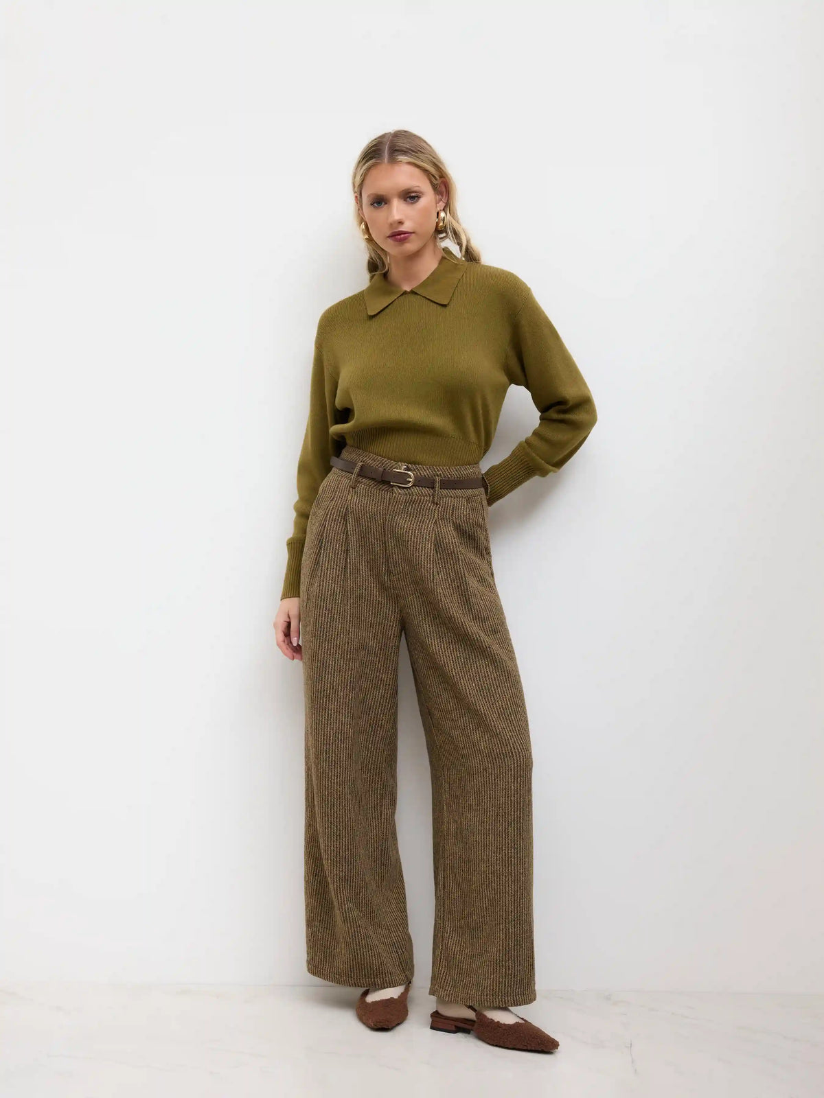 Tweed Mid Rise Stripes Straight Leg Trousers with Belt