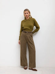 Tweed Mid Rise Stripes Straight Leg Trousers with Belt