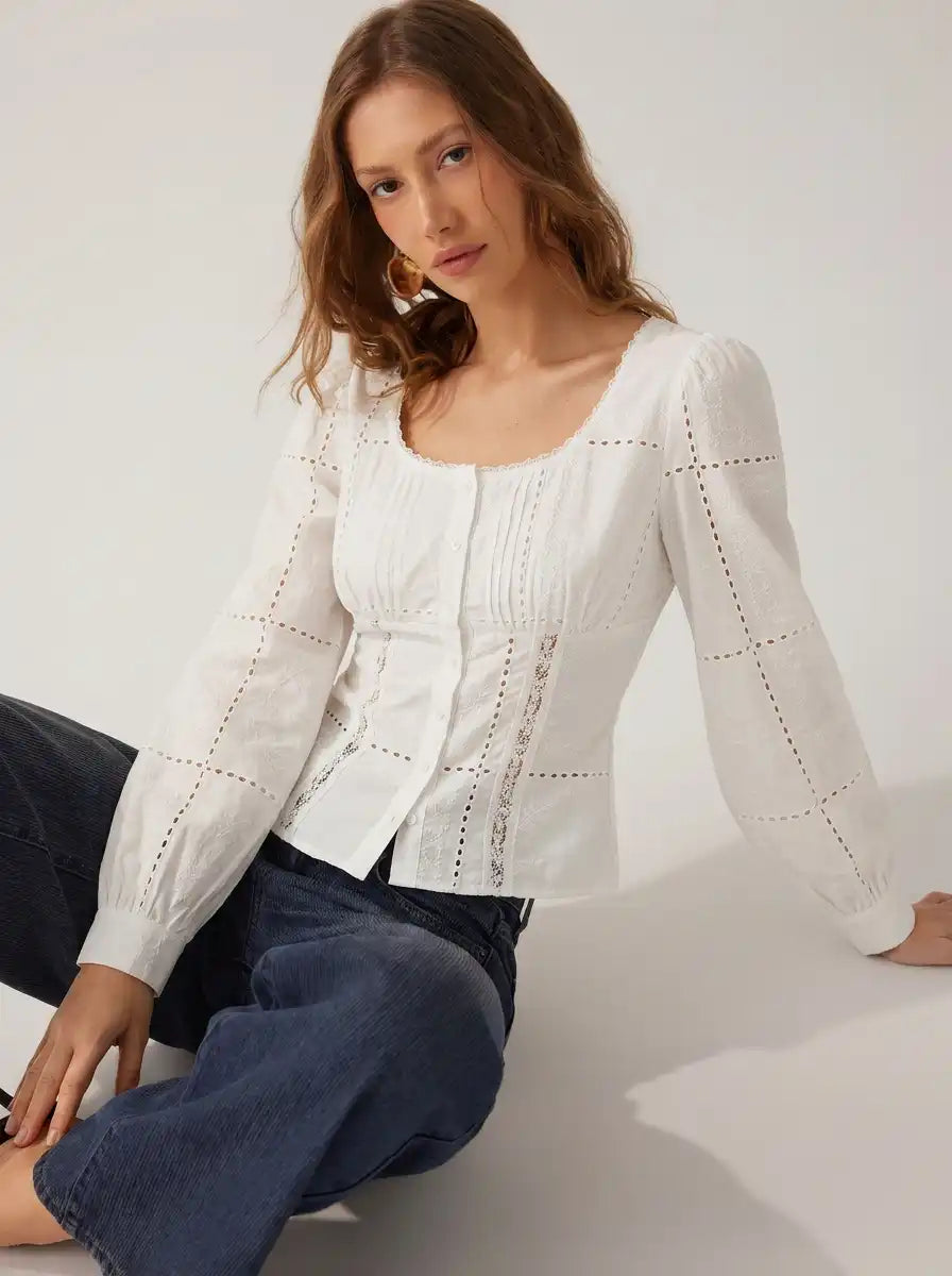 Cotton-blend Textured Scoop Neck Lace Panel Blouse