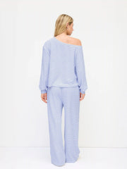 Cotton-blend Asymmetrical Neck Striped Oversized Top & Mid Rise Drawstring Trousers Loungewear Set