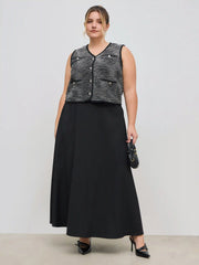 Tweed V-neck Solid Button Pocket Jacket Vest Curve & Plus