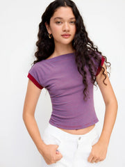 Boat Neck Stripe Contrasting Binding Short Sleeve Tee