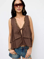Cotton-blend Ruffled Studded Lace Trim Tie Front Tank Top