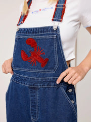 Denim Lobster Applique Contrasting Binding Straight Leg Jumpsuit
