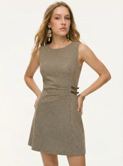 Boat Neck Houndstooth Ruched Mini Tank Dress With Side Buckle