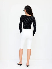 Cotton-blend Polka Dot Boat Neck Long Sleeve Ruched Top