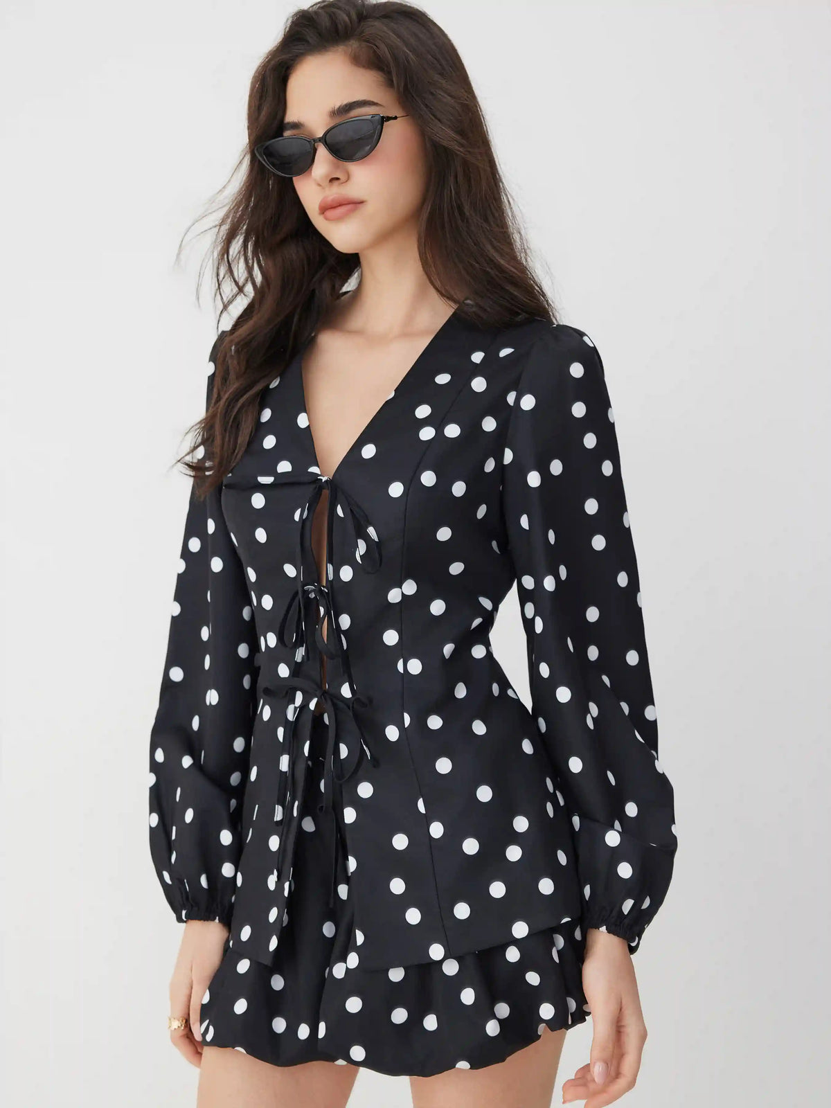 Polka Dot Tie Front Bow Lantern Sleeve Top & Mid Rise Barrel-leg Shorts Set