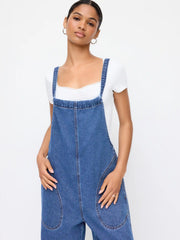 Denim Bowknot Mid Rise Wide Leg Overalls