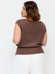 Knit Boat Neck Hollow Out Top Curve & Plus