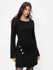 Boat Neck Bell Sleeve Ruched Mini Dress With Metal Button