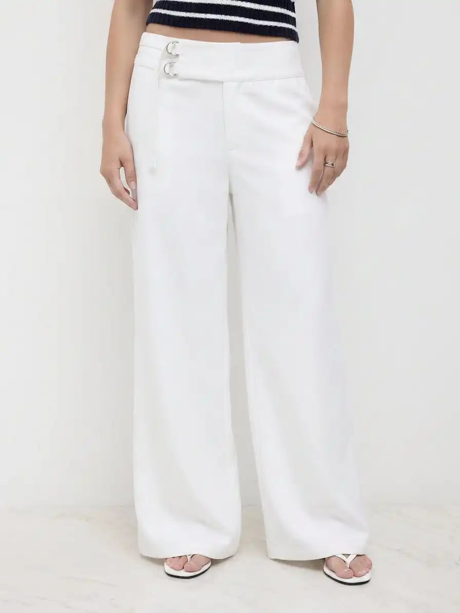 Linen-blend Low Rise Metal Detail Wide Leg Trousers