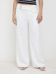 Linen-blend Low Rise Metal Detail Wide Leg Trousers