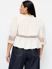 Round Neckline Lace Polka Dot Puff Sleeve Blouse Curve & Plus