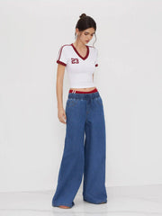 Denim Mid Rise Drawstring Wide Leg Jeans