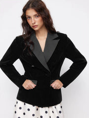 Velvet Two Tone Notched Collar Long Sleeve Double Breasted Blazer