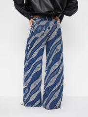 Cider Denim Abstract Wave Low Rise Ripped Wide Leg Jeans