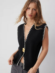 Knit Collarless Contrasting Binding Metal Detail Vest