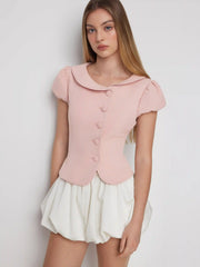 Puff Sleeve Peter Pan Collar Button Front Blouse