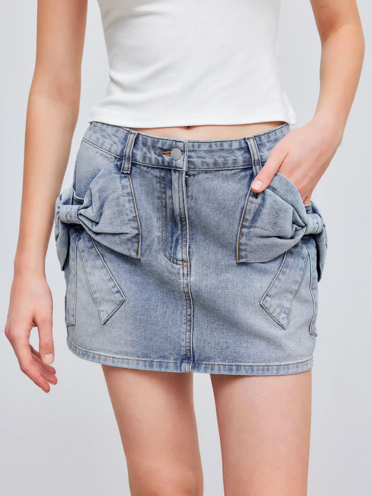 Denim Low Rise Solid Bowknot Mini Skirt