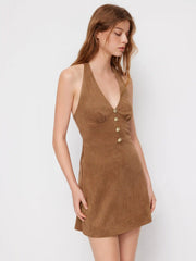 Suede Halter V-neck Metal Detail Mini Dress