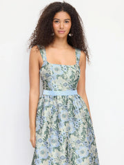 Jacquard Sculptural Floral Square Neck Lace Up Flared Midi Dress
