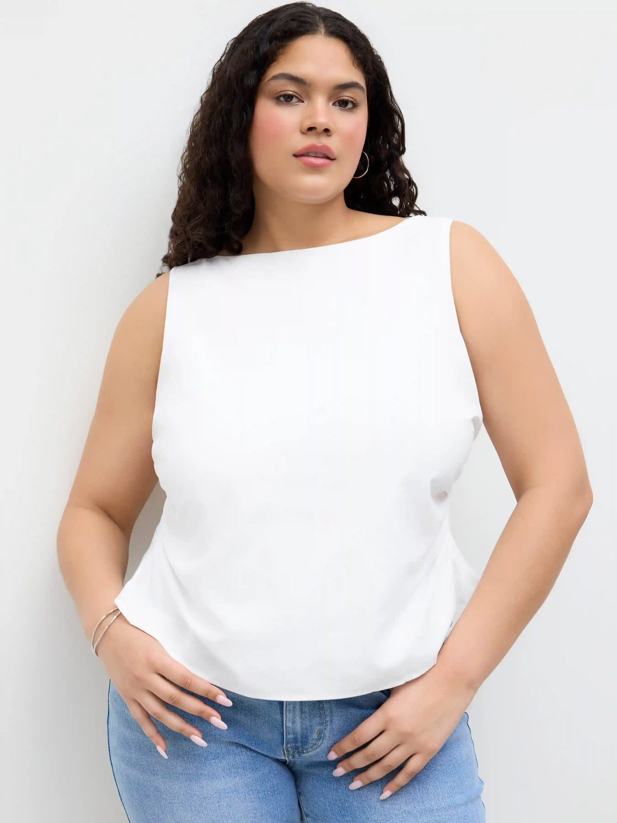 Linen-blend Boat Neckline Bowknot Tank Top Curve & Plus