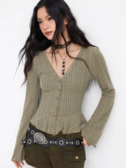 Brushed Fabric V-neck Bell Sleeve Ruffle Hem Button Top